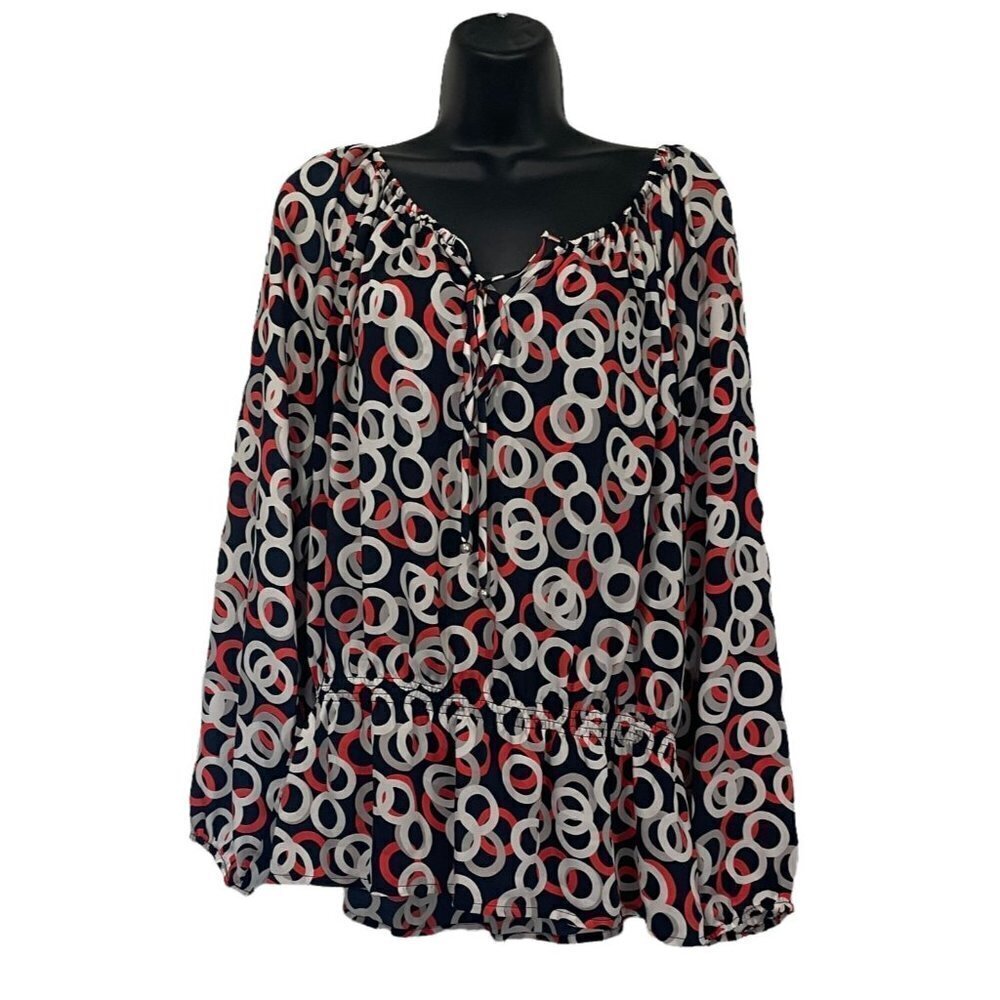 Ellen Tracy Tunic Blouse Top Chainโ Link Gathered Waist Blue Red